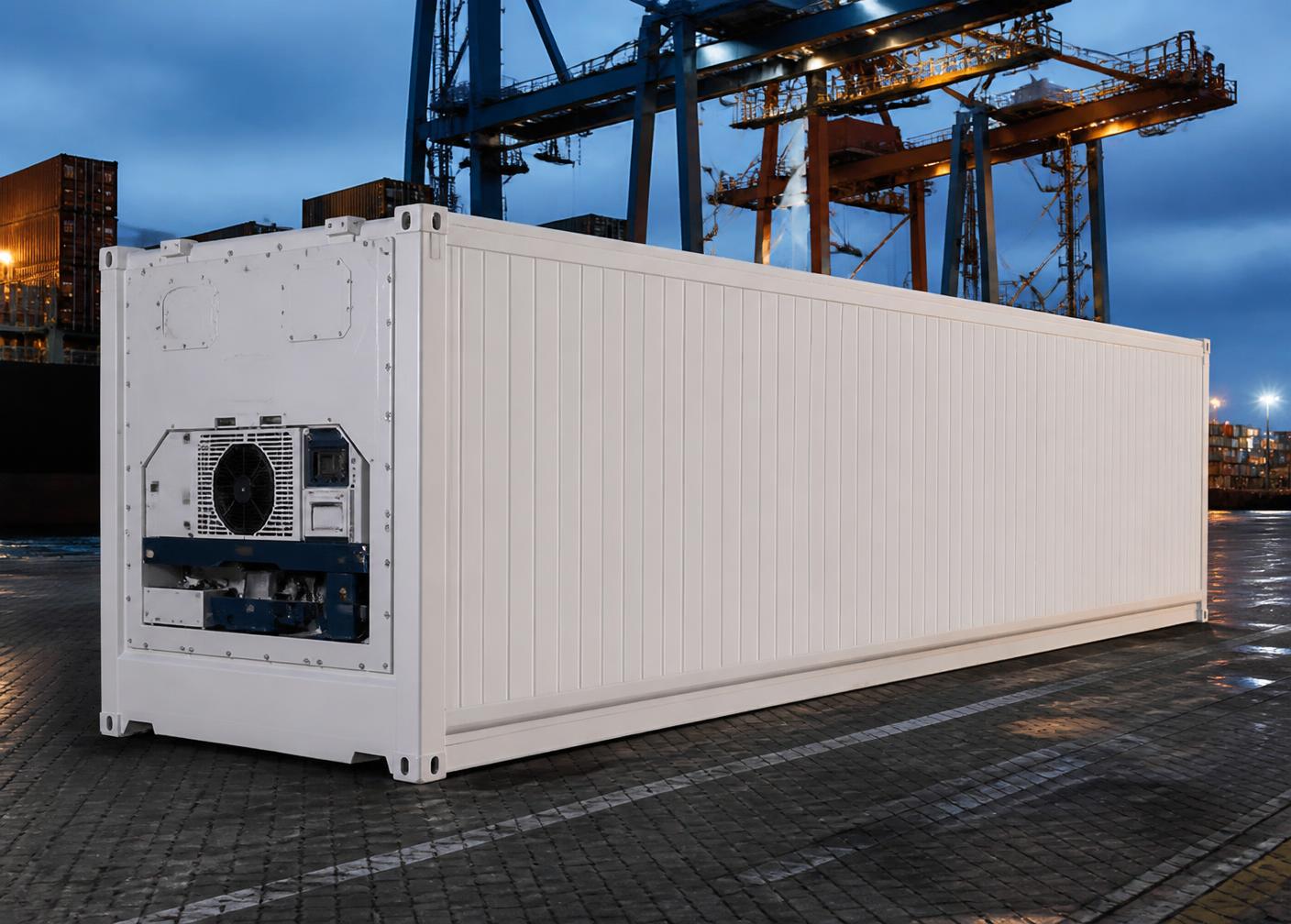 Unmarked refrigerated shipping container at a port terminal at dusk
